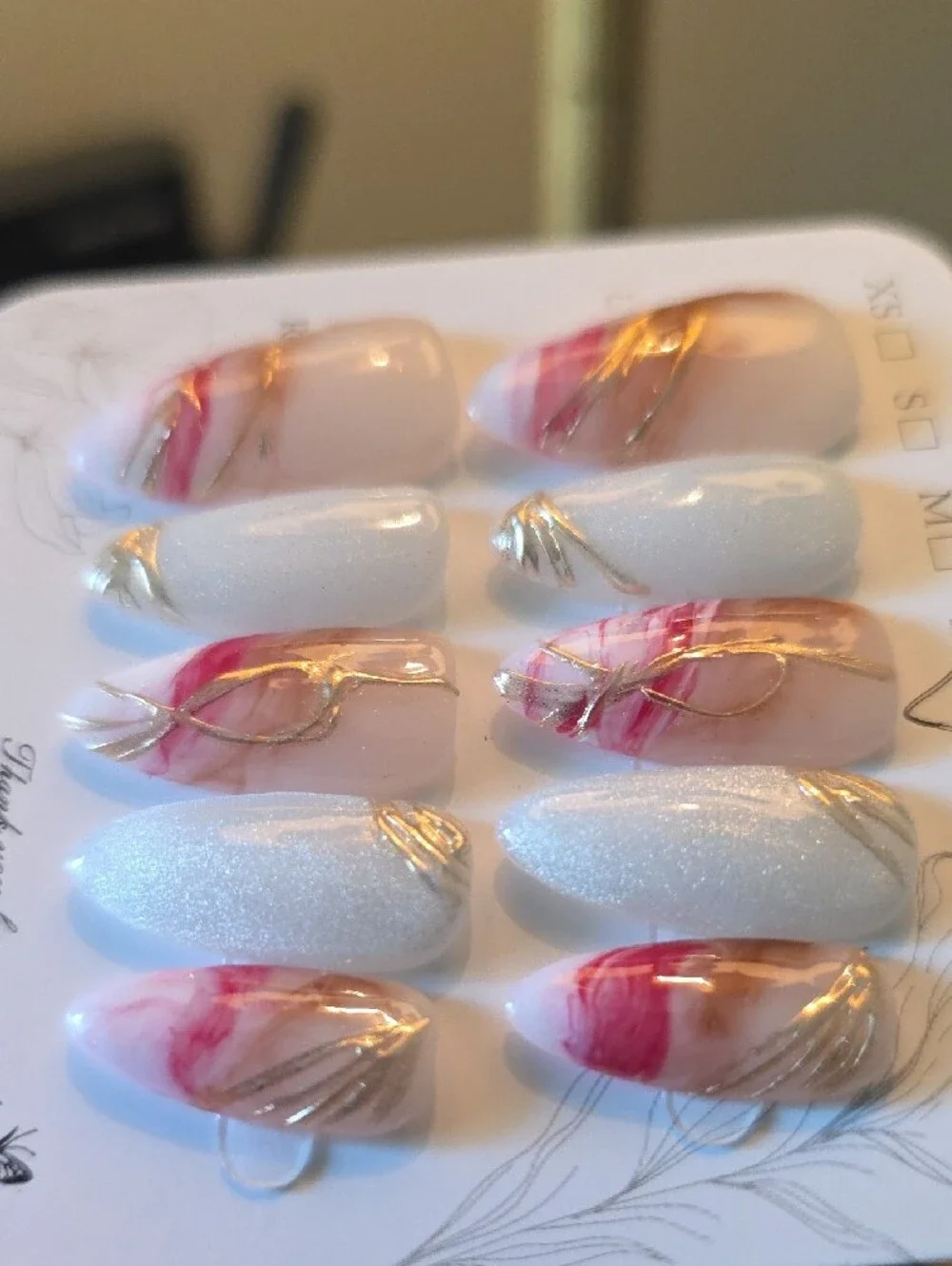 Hand-Painted Pink Marble & Gold Accent Press-On Nails Size Large